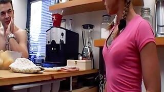 An amazing German slut gets pounded by three hard cocks