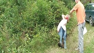 An amazing looking blonde babe gets fucked hard outdoors