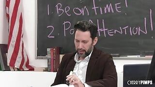 Asian Student Kimora Quin Catches Her Teacher Masturbating In The Classroom and Fucks To Keep His Secret