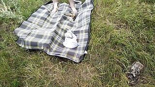 fat girl with big tits masturbates pussy with toys in nature